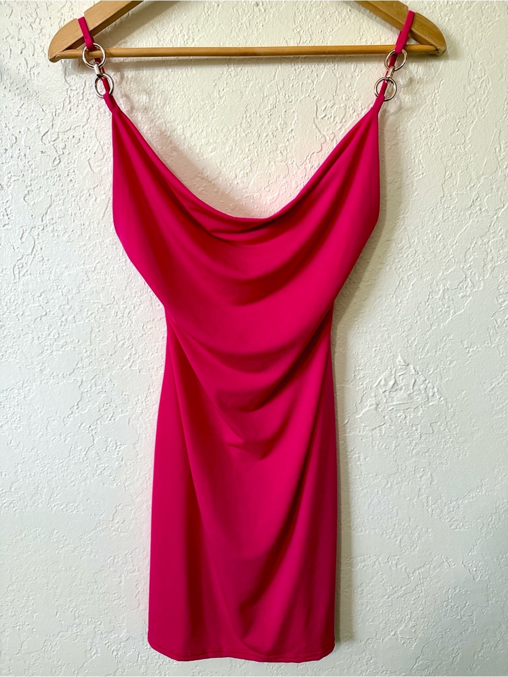 Wearever Vintage Dress S 90s Fuchsia Cowl Neck Chain Strap Mini Bodycon USA